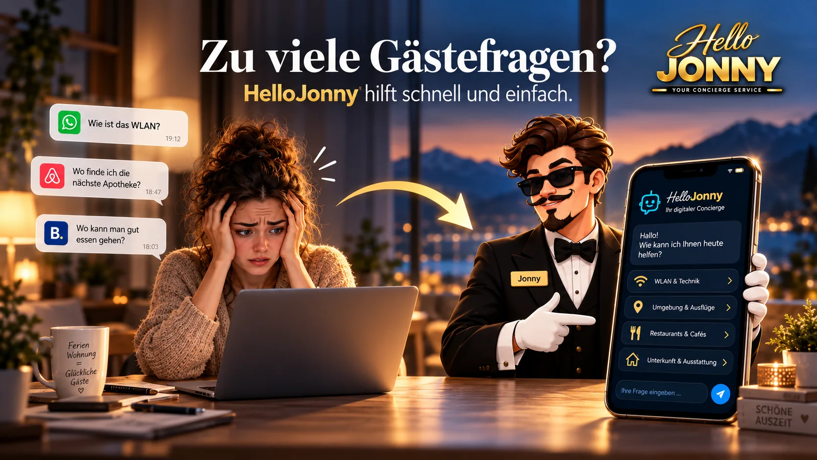 Überlastete Gastgeberin mit vielen eingehenden Gästefragen und HelloJonny als Entlastung